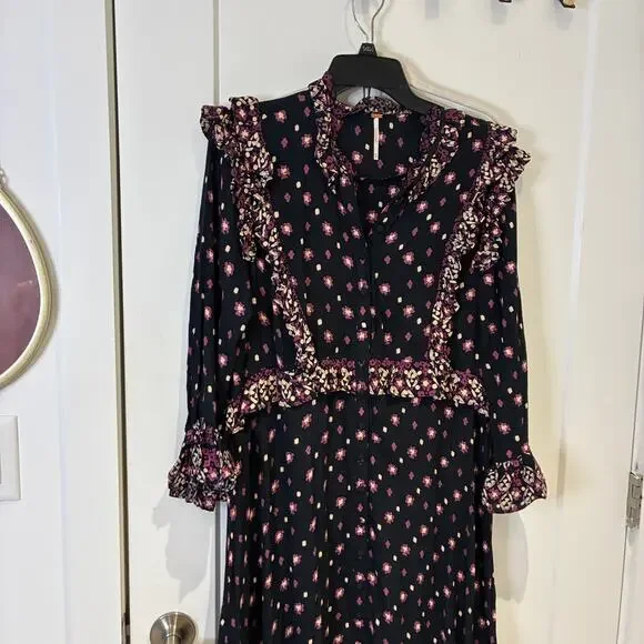 Free People Black Ruffle Trim Callico Skies Midi Dress Sz Medium - Picture 4 of 12